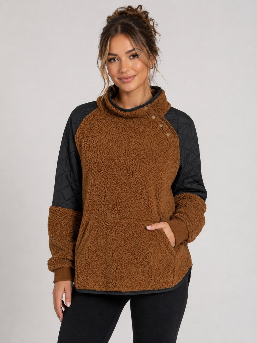 Signature Studio Sherpa Pullover Brown Quilted Sleeve Fleece Size L